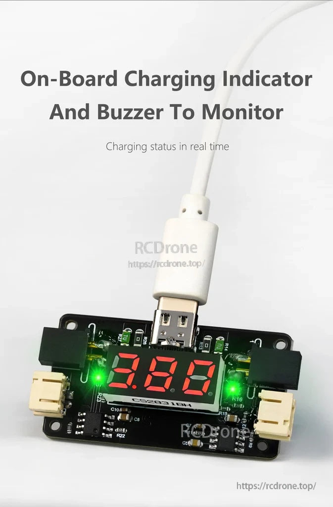 Charging indicator LEDs and buzzer on the SUB-CW1 board with USB-C cable connected