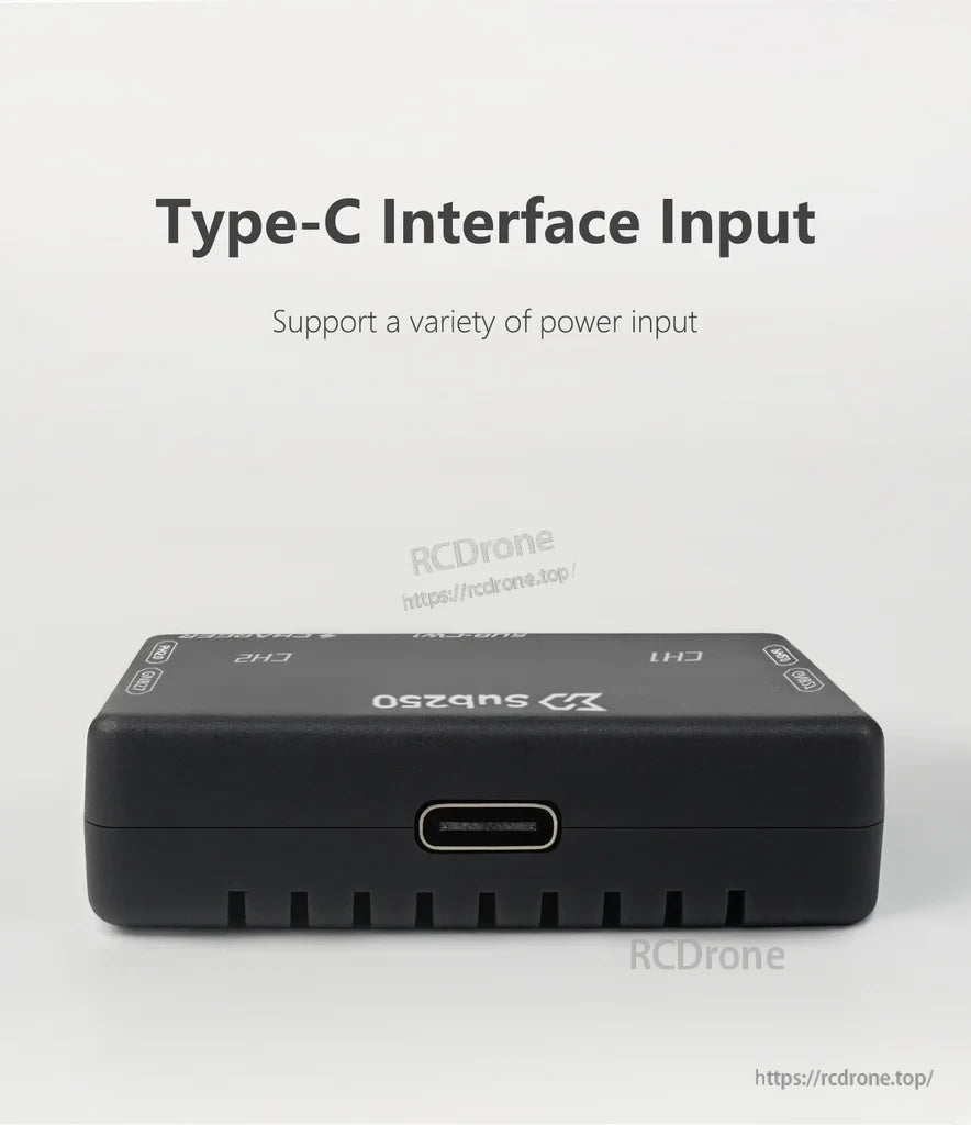 USB Type-C 5V input port on Sub250 SUB-CW1 charger for easy power from common USB sources