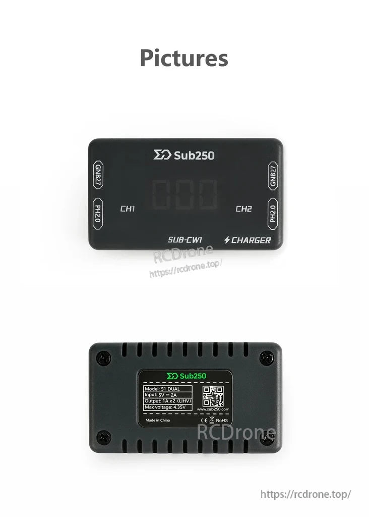 Sub250 SUB-CW1 1S LiHV dual charger front and back views with product label on underside