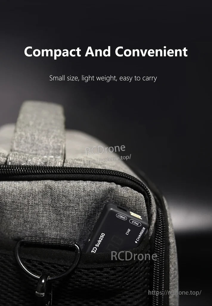 Compact Sub250 SUB-CW1 charger in a bag pocket highlighting portable, lightweight design