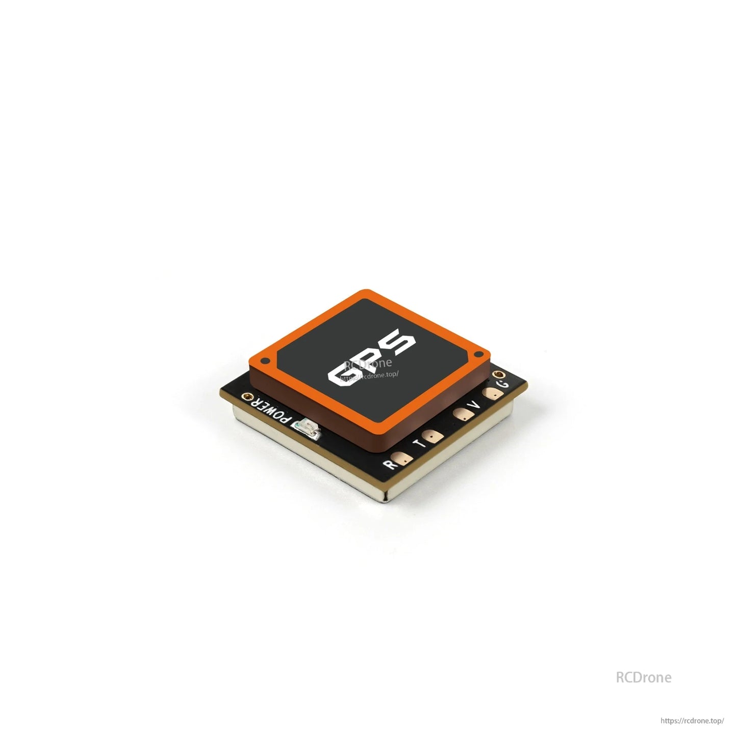Low-angle side view of GPS module showing board stack height and edge components