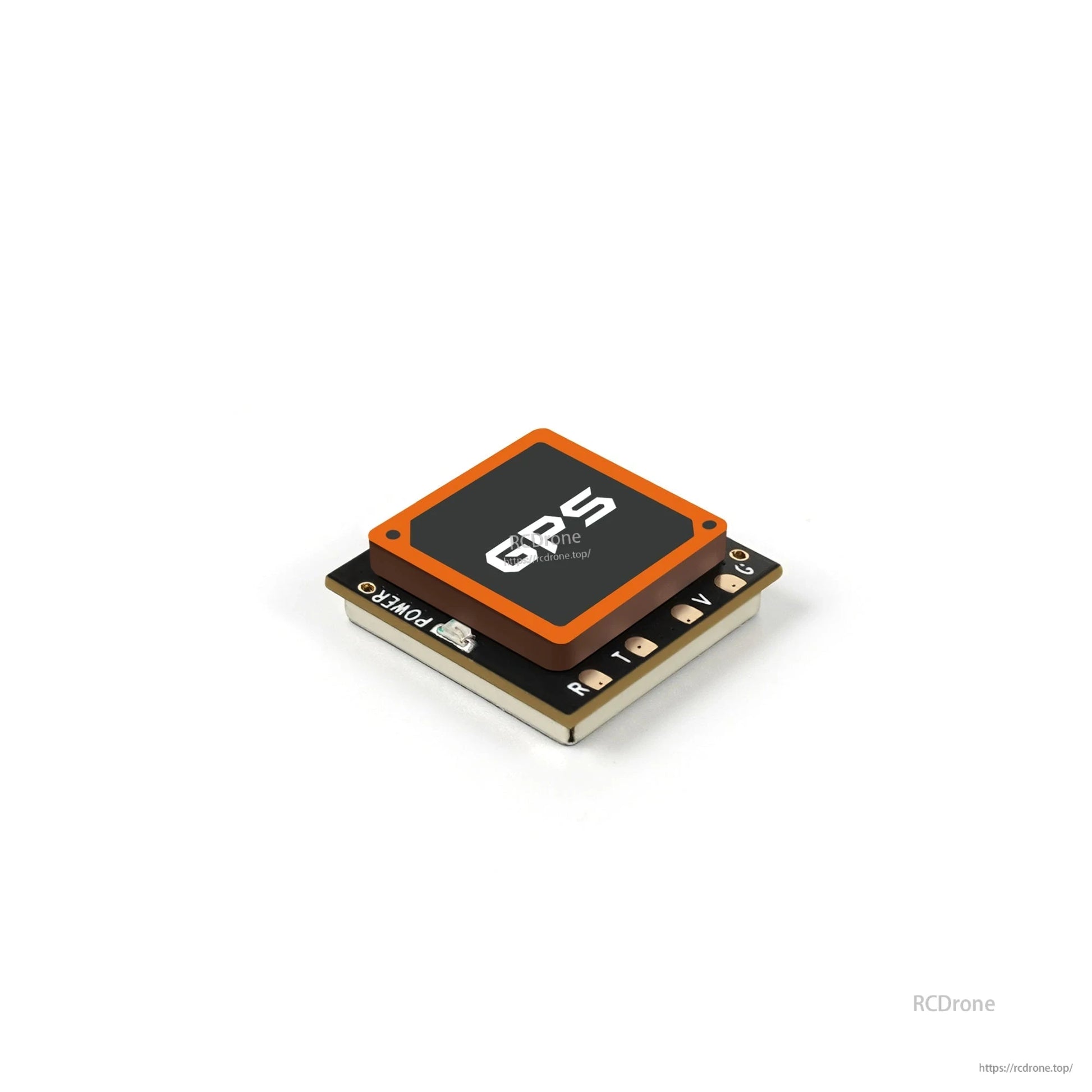 Low-angle side view of GPS module showing board stack height and edge components