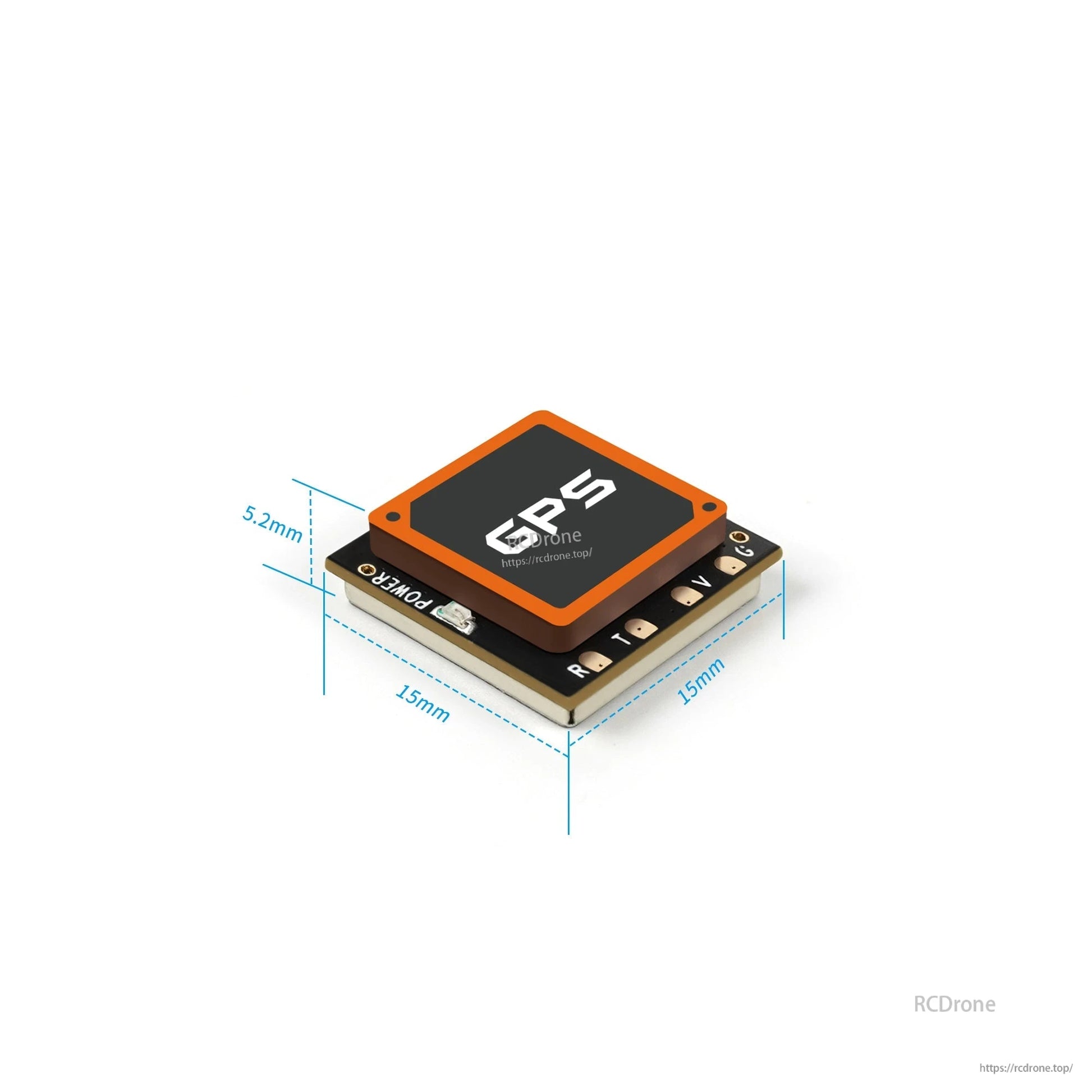 GPS module dimensions diagram showing 15 mm x 15 mm footprint and 5.2 mm height