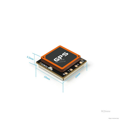 GPS module dimensions diagram showing 15 mm x 15 mm footprint and 5.2 mm height