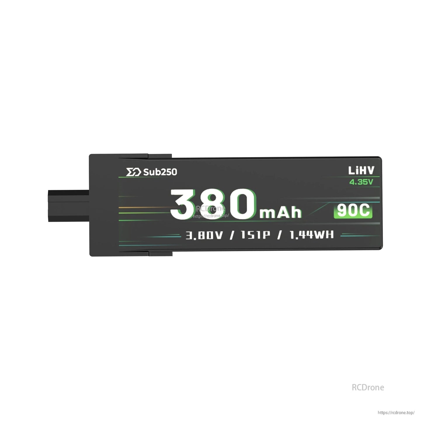 Front label close-up: Sub250 380mAh, LiHV 4.35V, 90C, 3.8V 1S battery pack