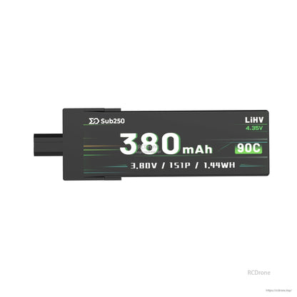 Front label close-up: Sub250 380mAh, LiHV 4.35V, 90C, 3.8V 1S battery pack