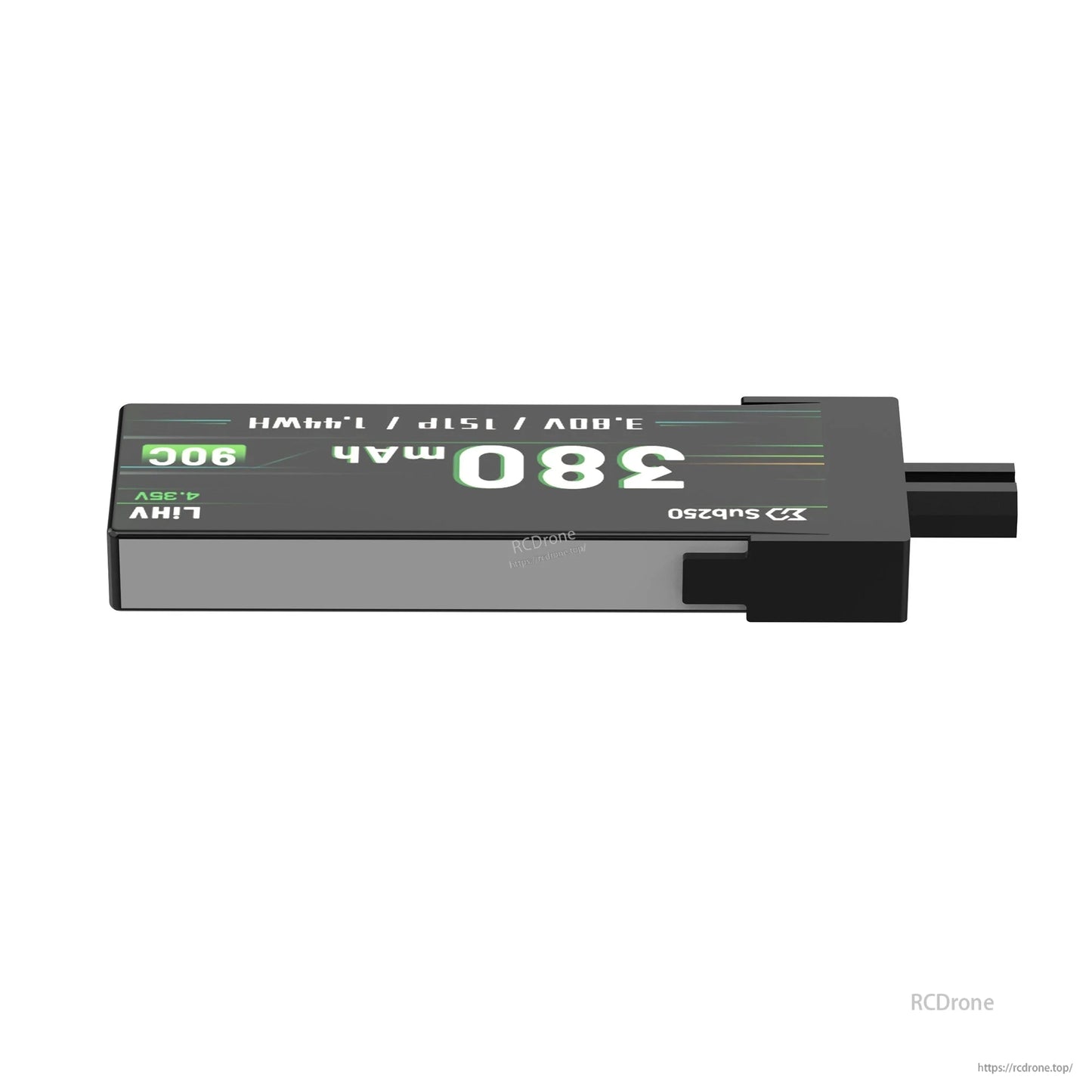 Side profile of compact Sub250 1S LiHV battery showing slim rectangular casing and connector end