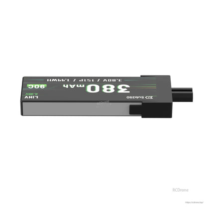 Side profile of compact Sub250 1S LiHV battery showing slim rectangular casing and connector end