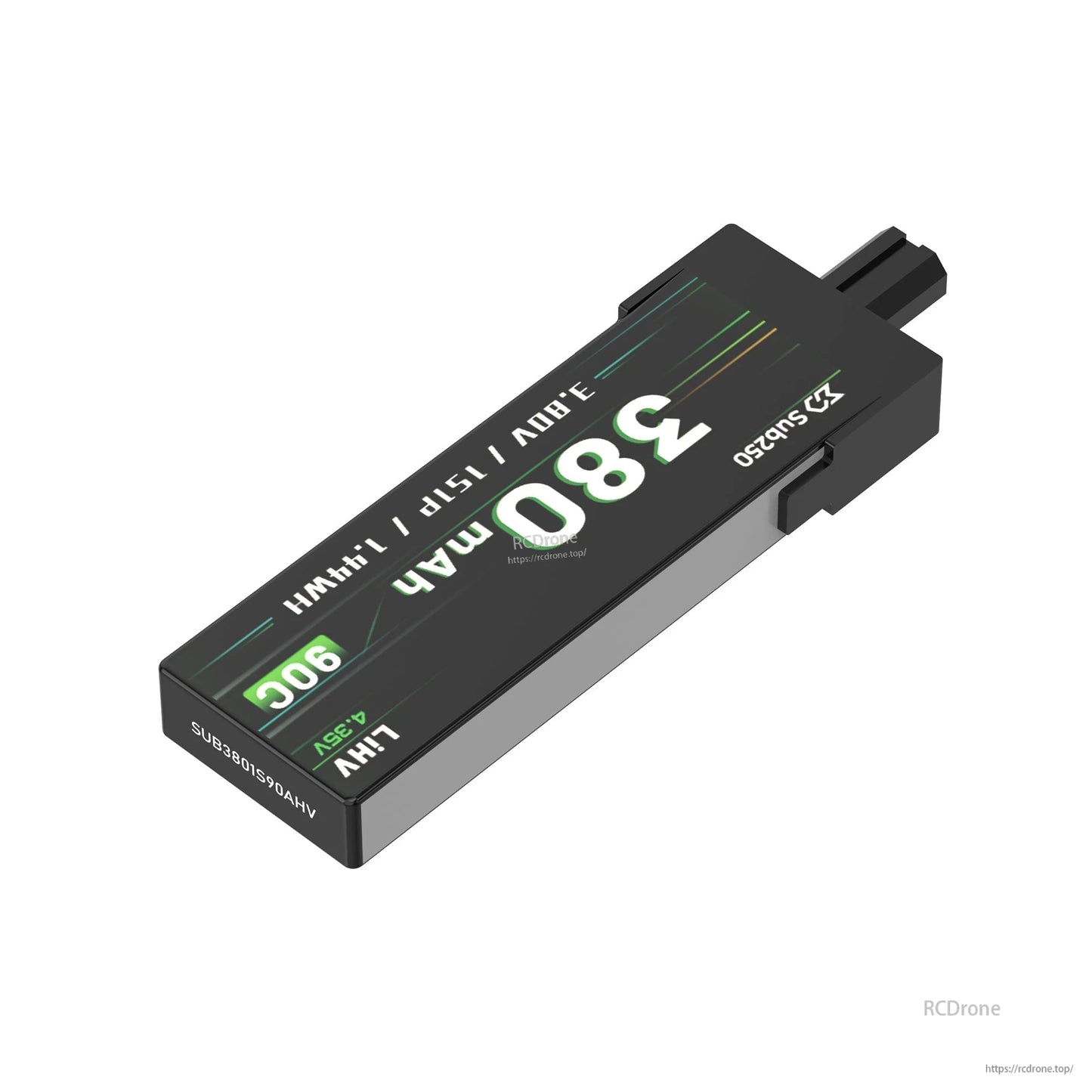 Sub250 380mAh LiHV 90C battery pack shown from rear angle with integrated GNB27 plug