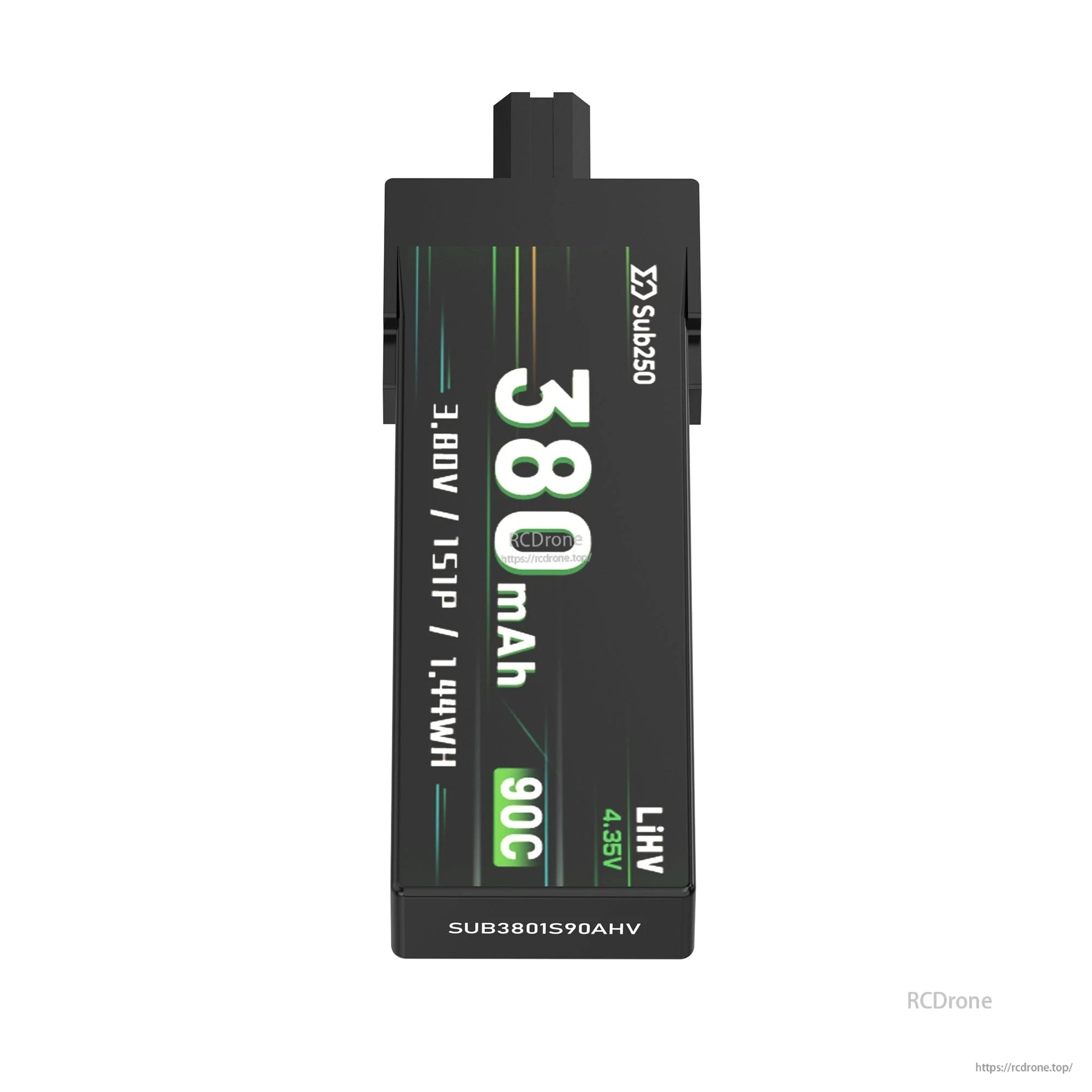 Top view label showing 380mAh, 3.8V 1S, LiHV 4.35V and 90C on Sub250 battery