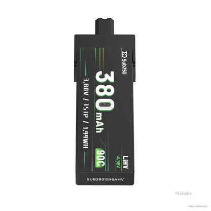 Top view label showing 380mAh, 3.8V 1S, LiHV 4.35V and 90C on Sub250 battery