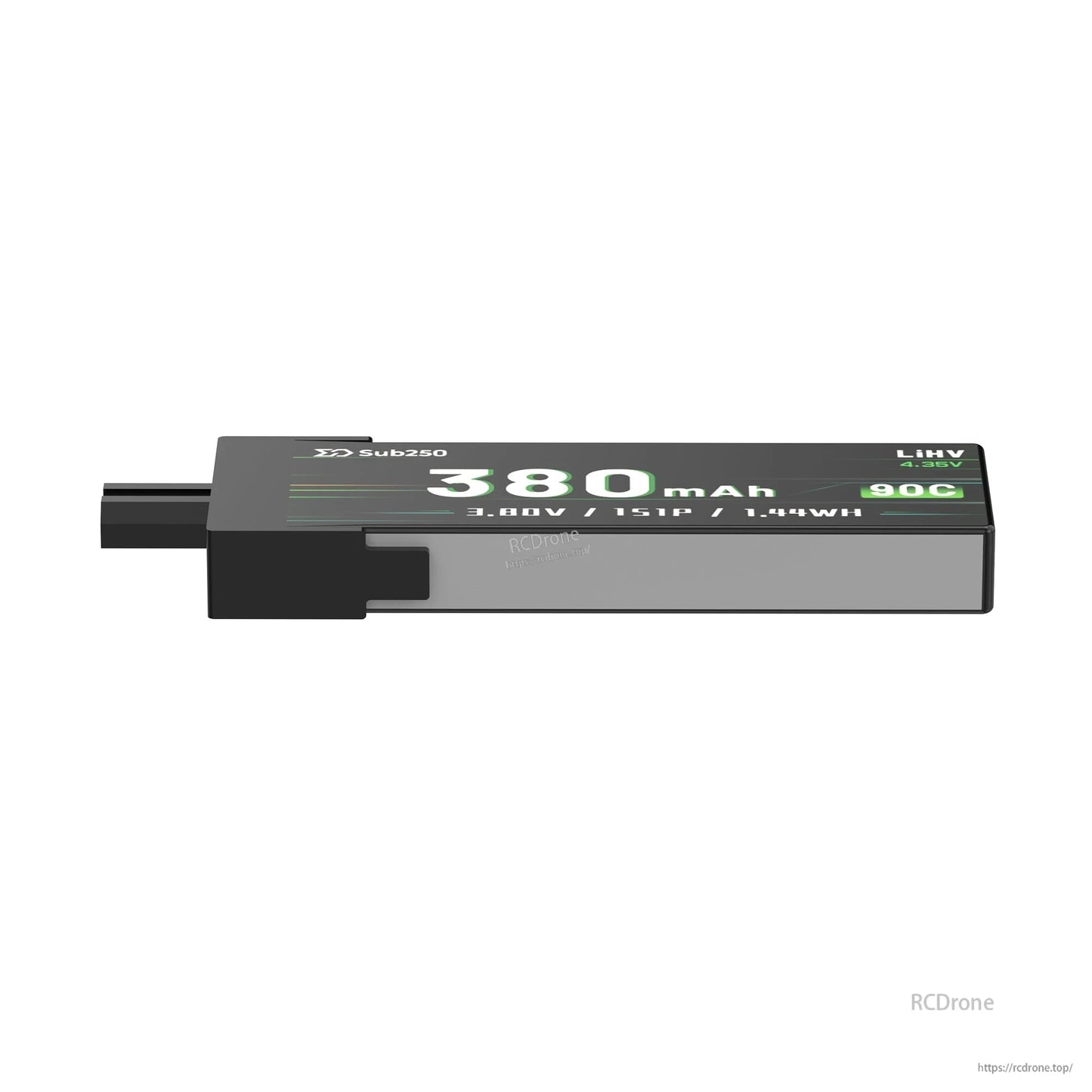 Opposite side view of Sub250 380mAh battery pack with plug housing and edge detail