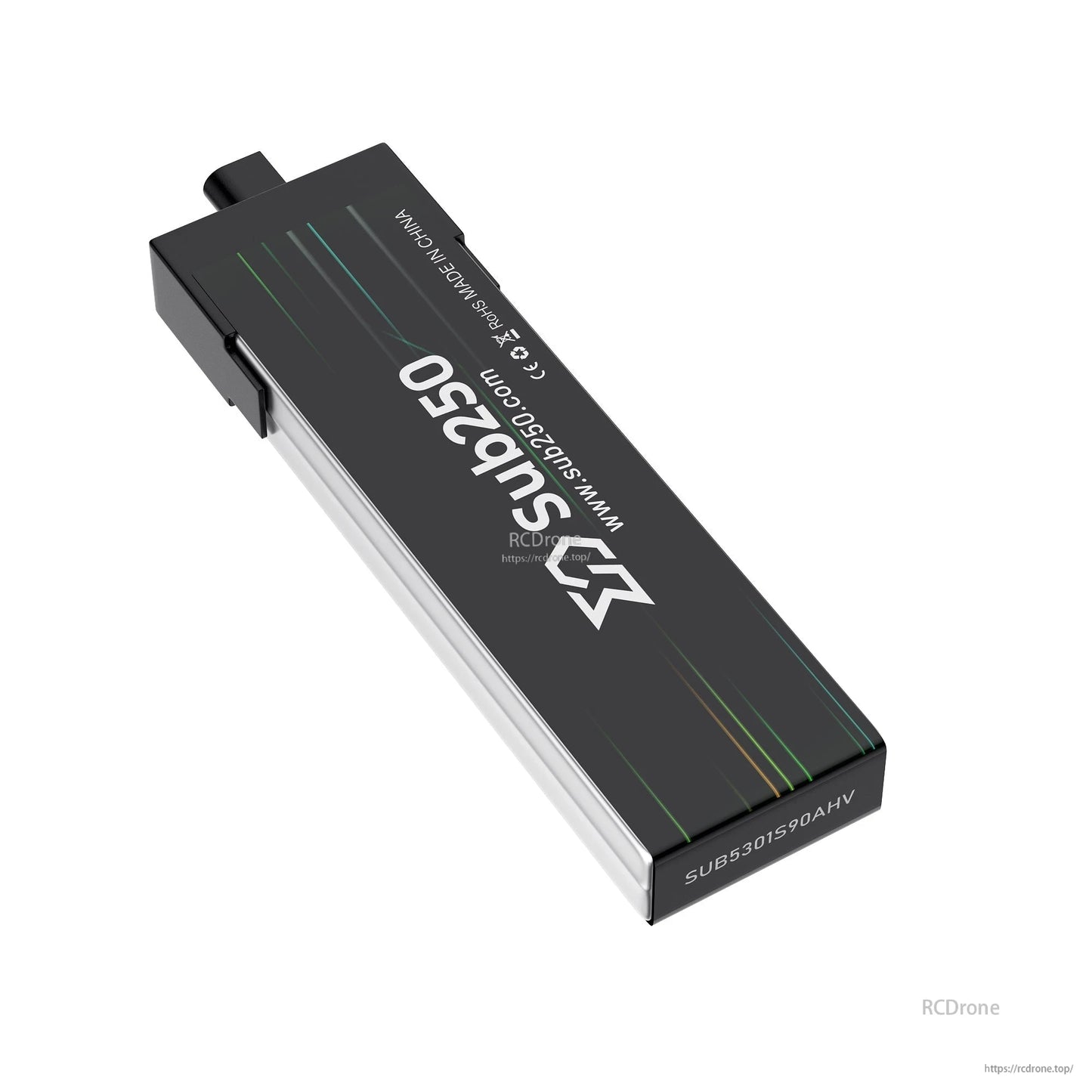 Angled rear view showing Sub250 logo and model code printed on the end cap of the battery