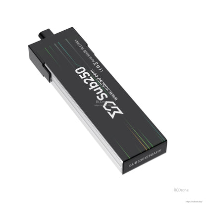 Angled rear view showing Sub250 logo and model code printed on the end cap of the battery