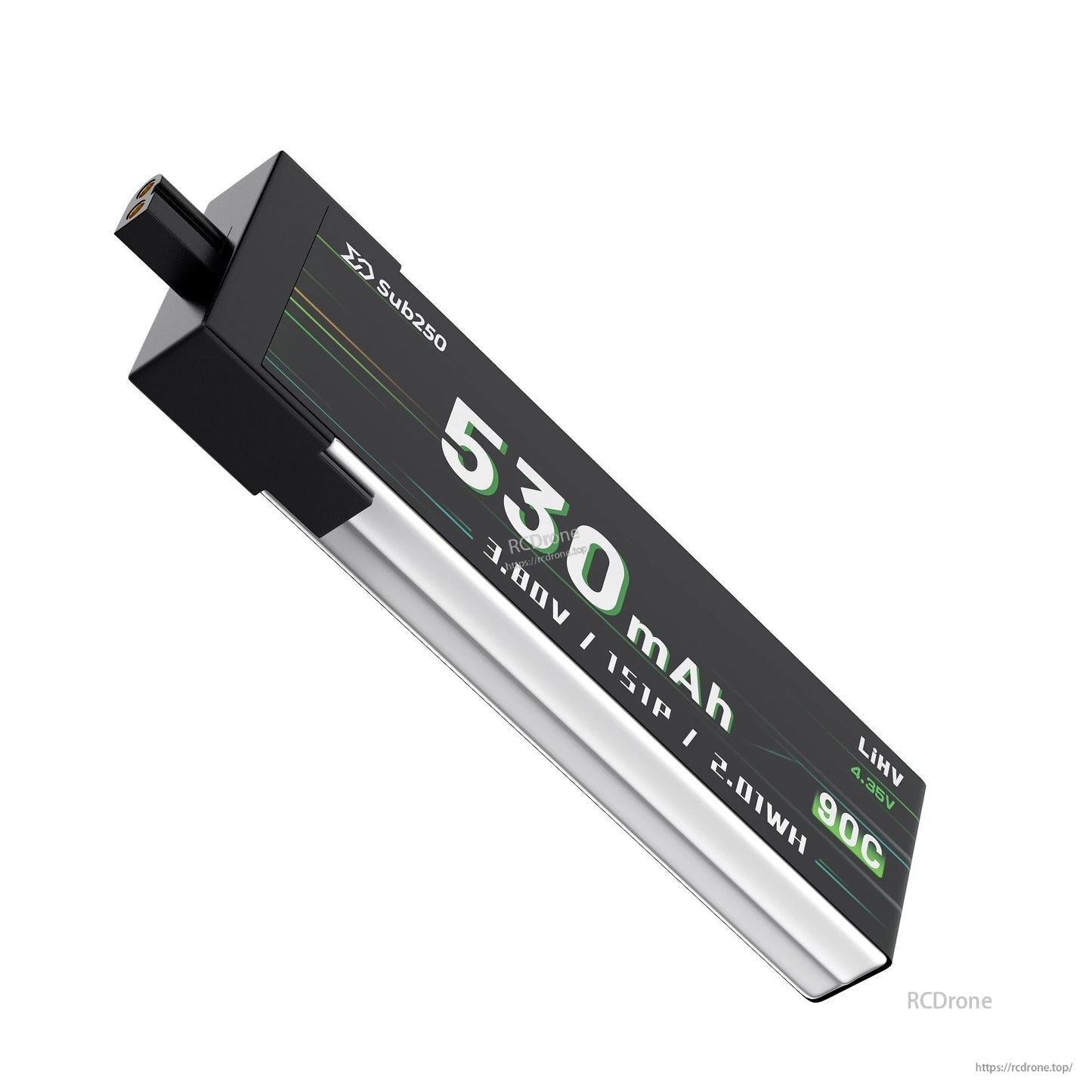 Angled view showing the 530mAh label graphics and silver pouch side of the Sub250 battery