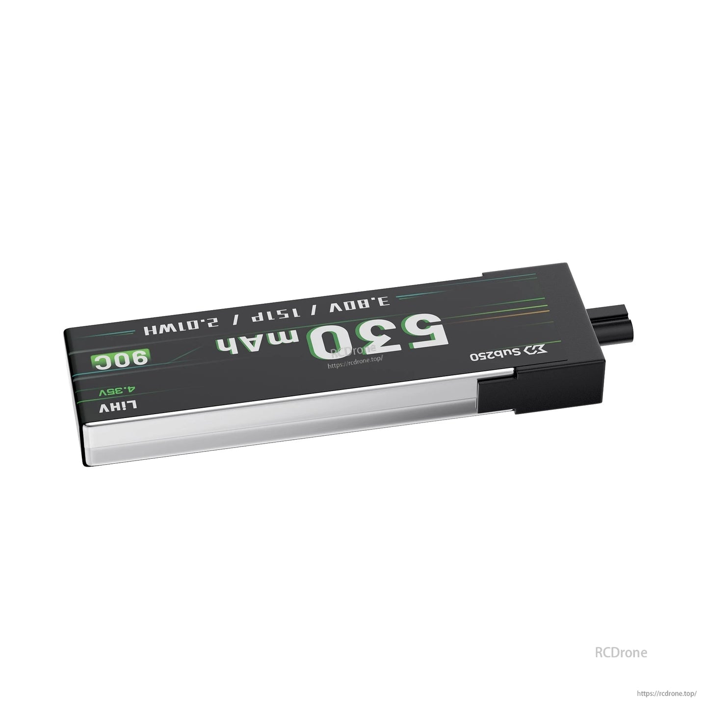 Horizontal view of Sub250 battery showing connector end, black housing, and silver pouch body