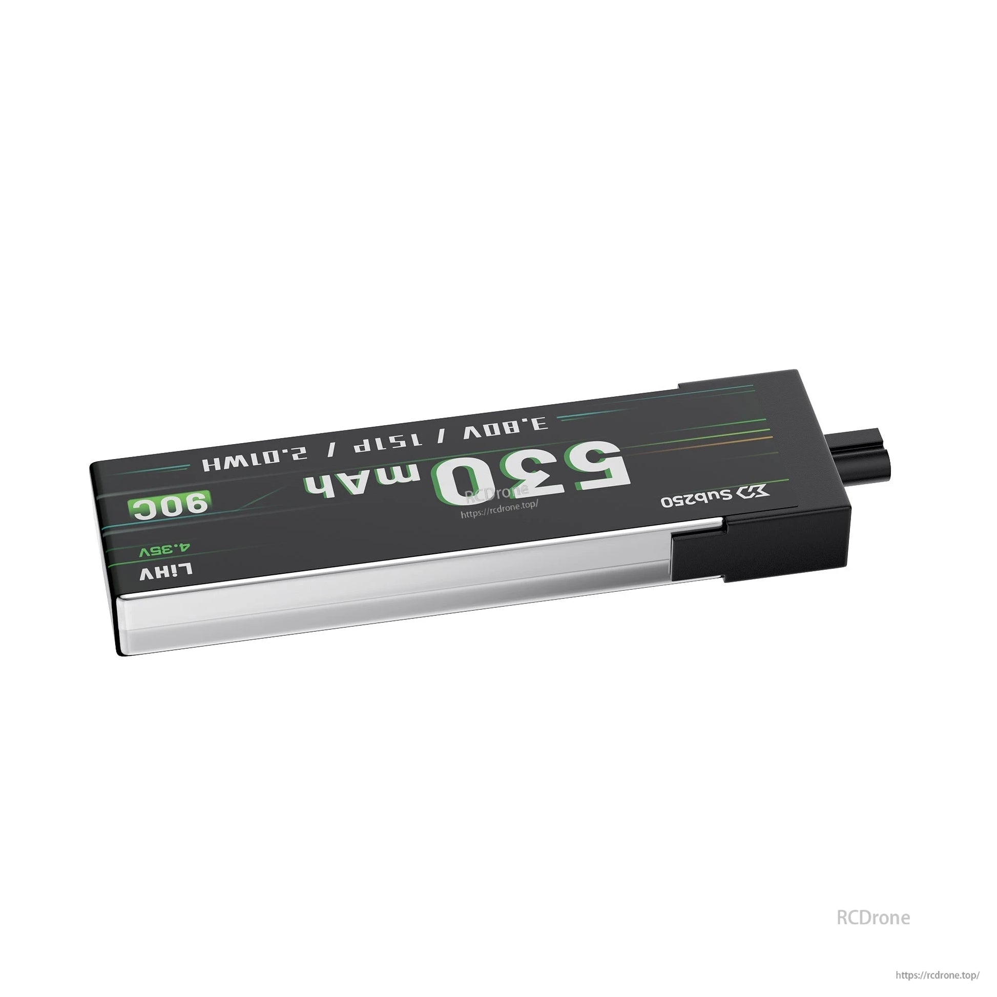Horizontal view of Sub250 battery showing connector end, black housing, and silver pouch body
