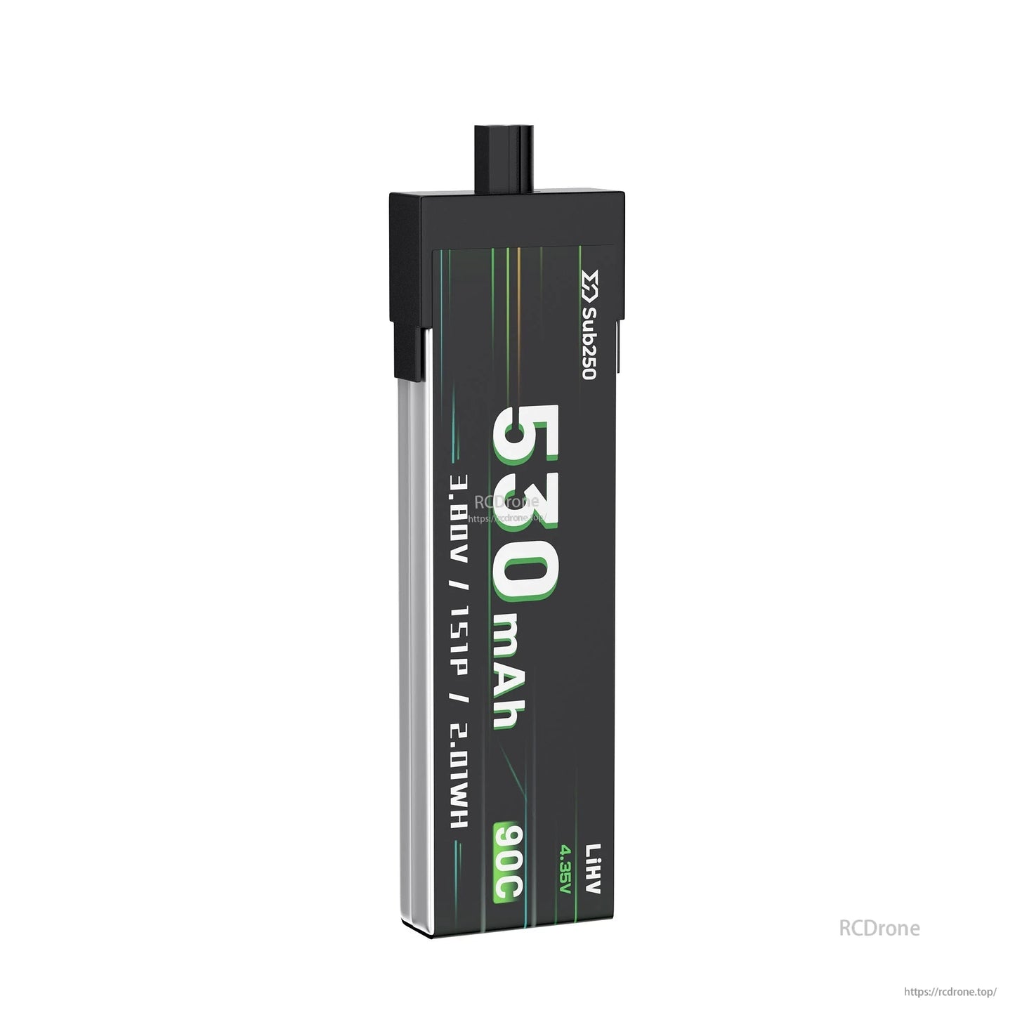Front-on vertical view of the slim 530mAh LiHV 1S battery with printed capacity and 90C