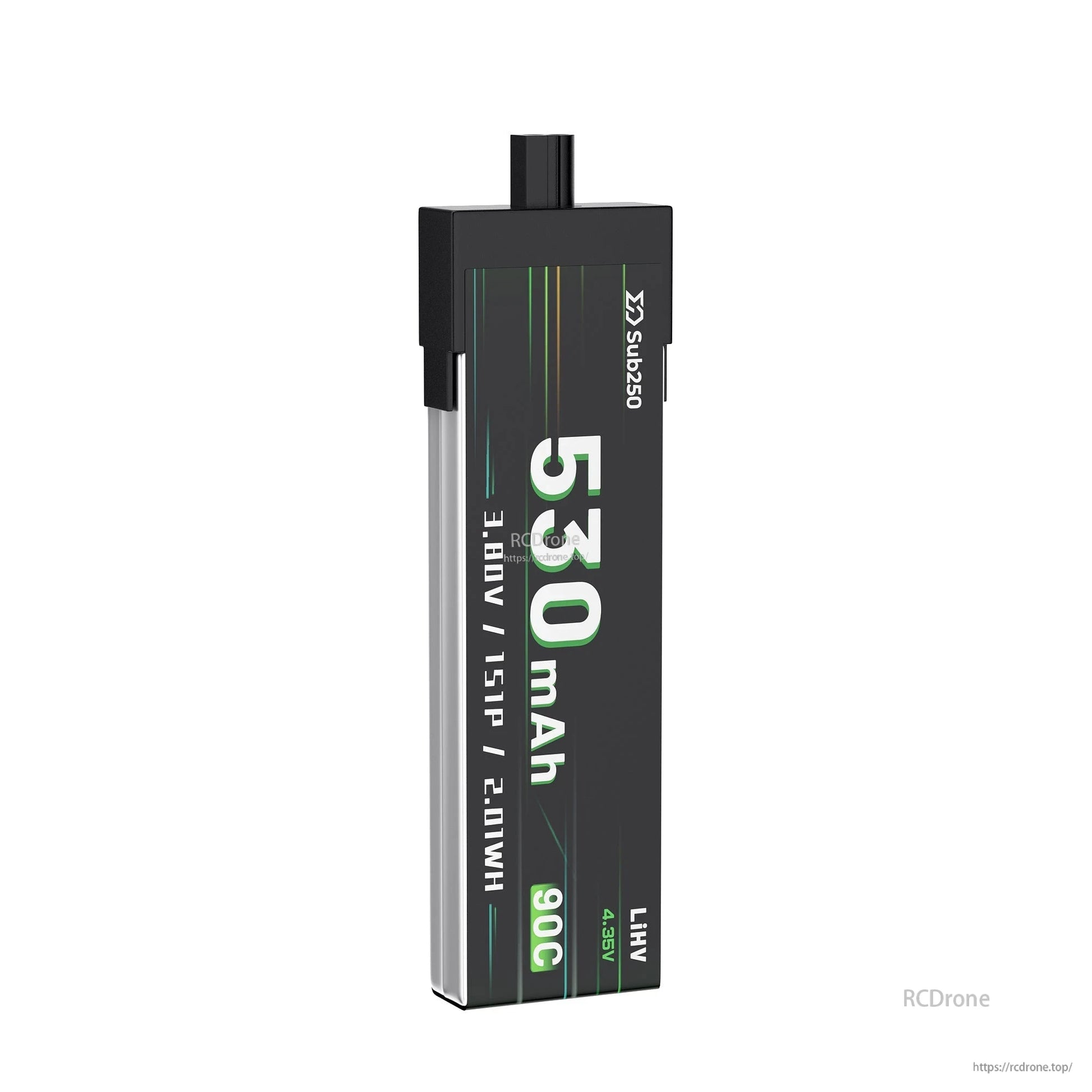 Front-on vertical view of the slim 530mAh LiHV 1S battery with printed capacity and 90C