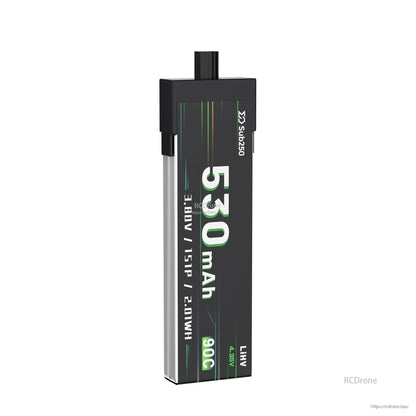 Front-on vertical view of the slim 530mAh LiHV 1S battery with printed capacity and 90C