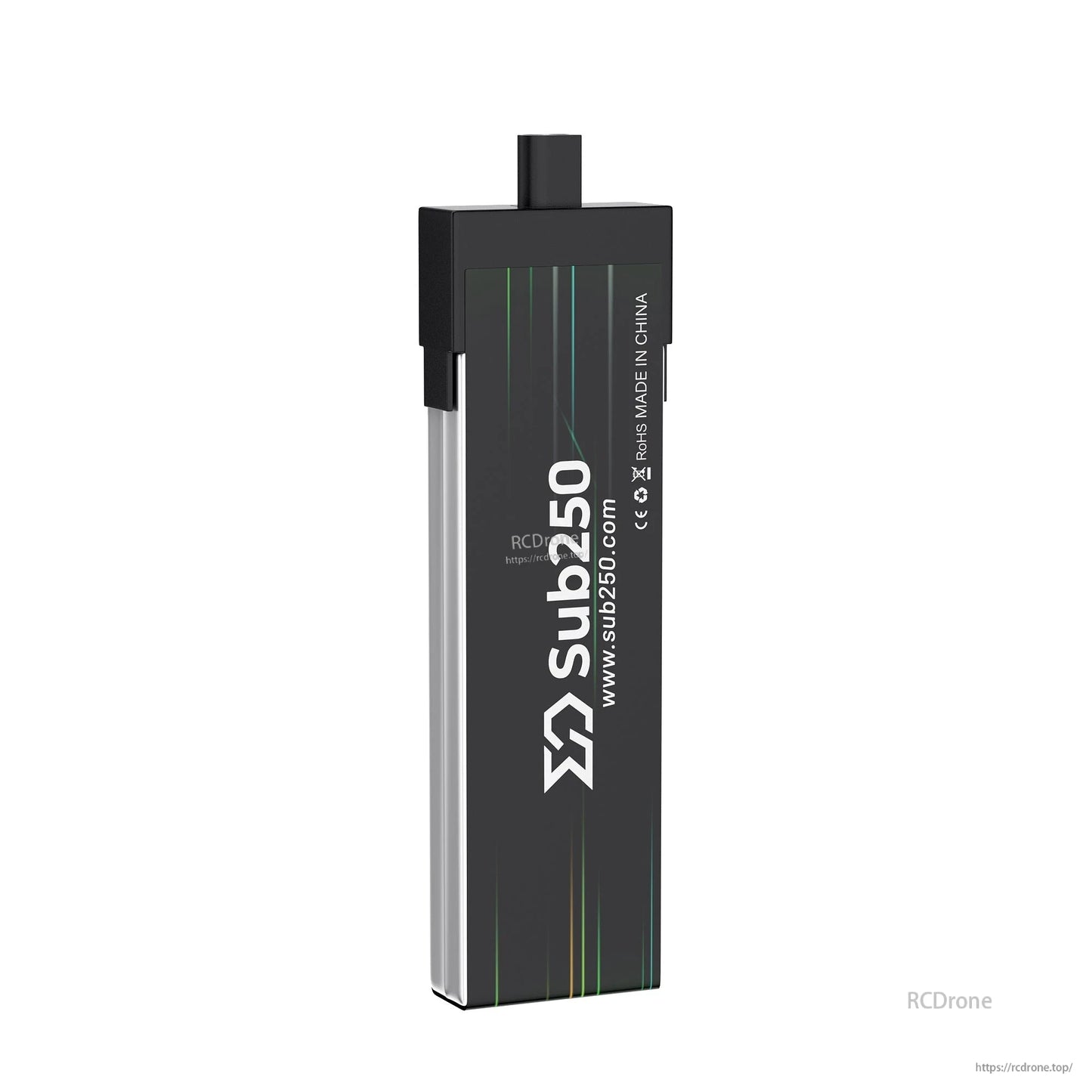 Back vertical view of Sub250 battery showing logo side, website line, and Made in China text