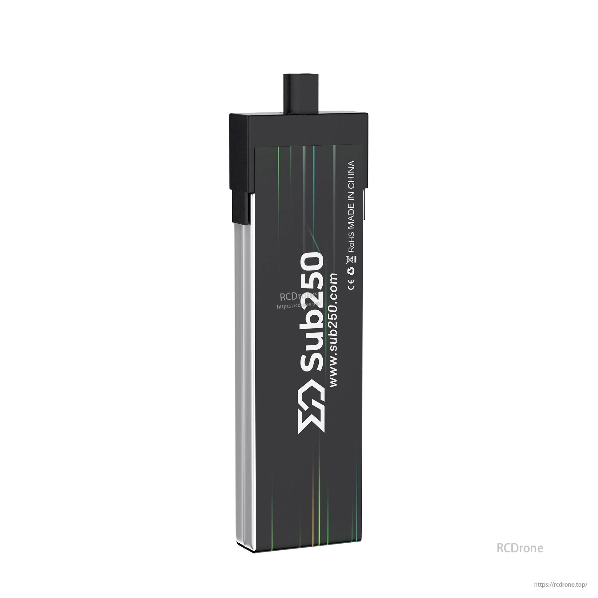 Back vertical view of Sub250 battery showing logo side, website line, and Made in China text