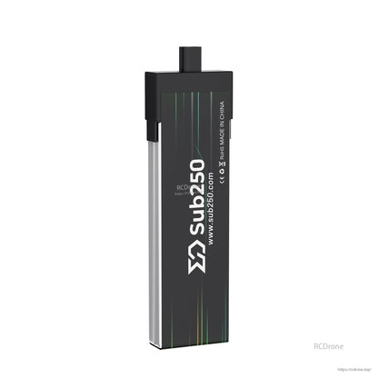 Back vertical view of Sub250 battery showing logo side, website line, and Made in China text