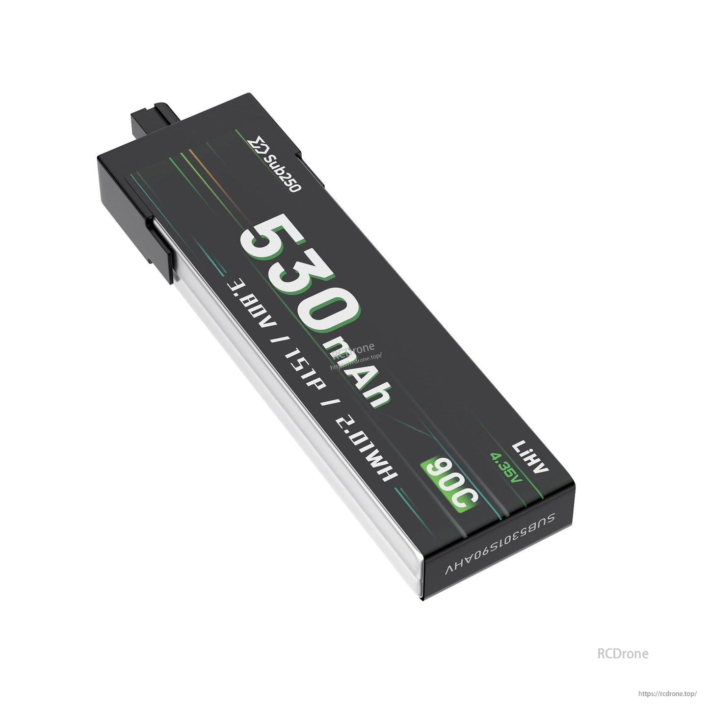 Label detail showing 530mAh capacity, 90C rating, and LiHV 4.35V marking on the battery
