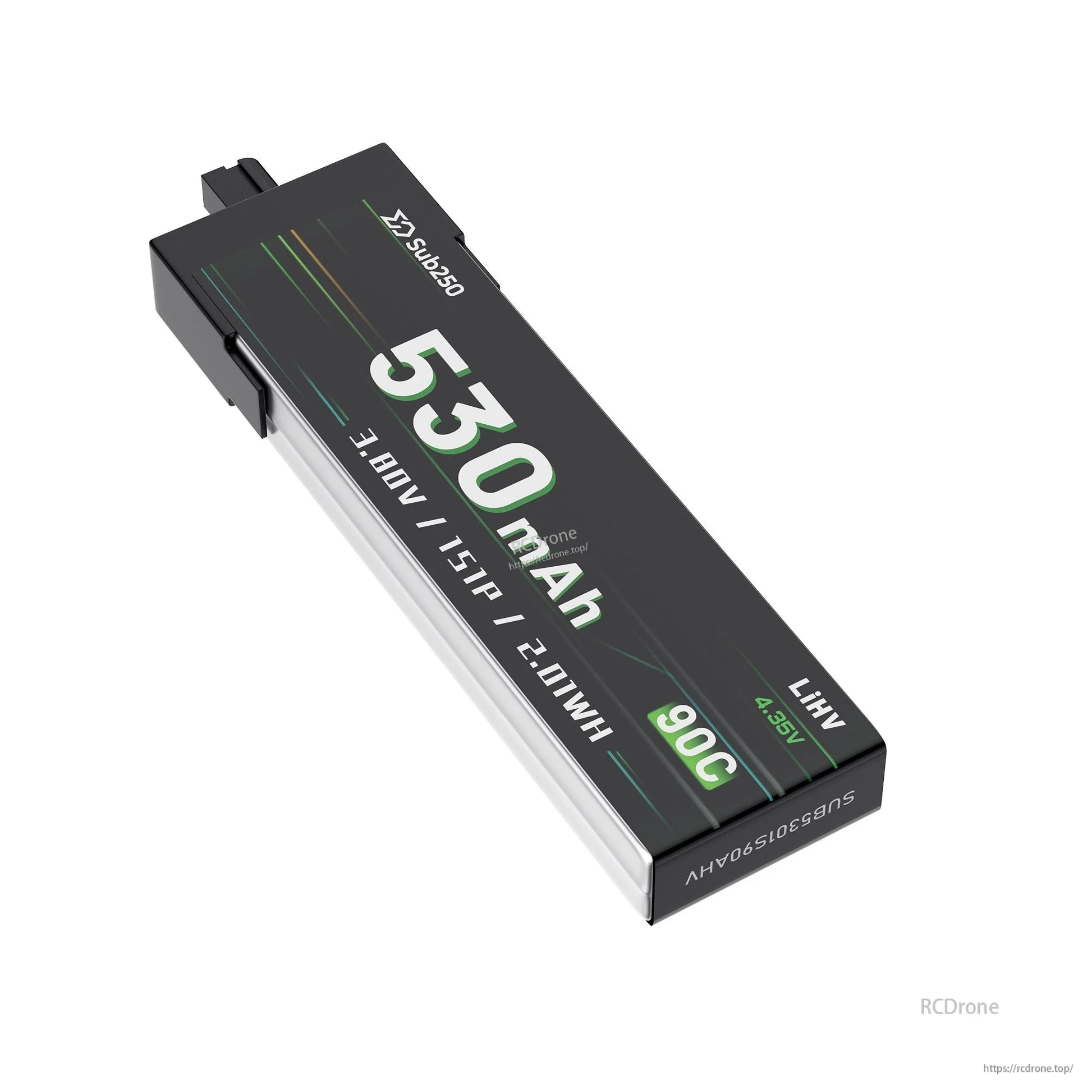 Label detail showing 530mAh capacity, 90C rating, and LiHV 4.35V marking on the battery