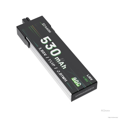 Label detail showing 530mAh capacity, 90C rating, and LiHV 4.35V marking on the battery