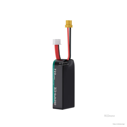 Upright black-side view of Sub250 720mAh LiHV battery with XT30 plug and white balance connector