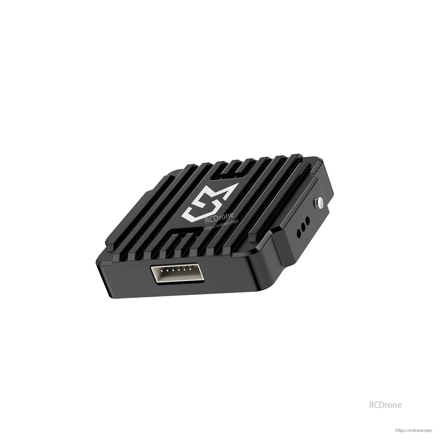 Side angle view of FPV video transmitter showing multi-pin connector and heatsink fins