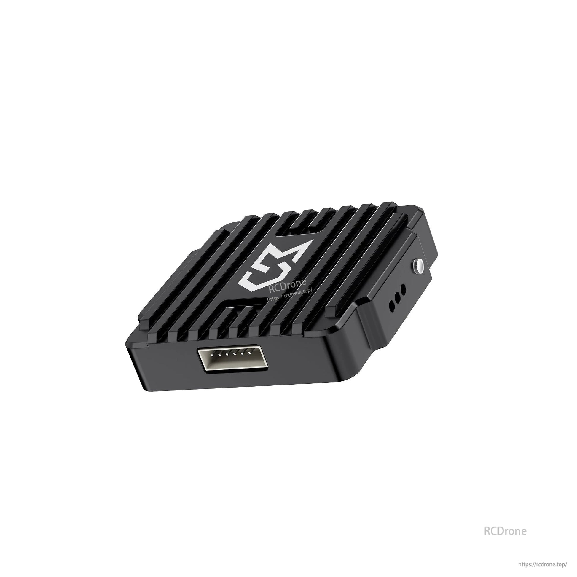 Side angle view of FPV video transmitter showing multi-pin connector and heatsink fins