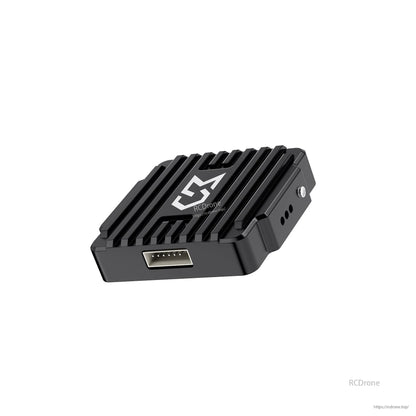 Side angle view of FPV video transmitter showing multi-pin connector and heatsink fins
