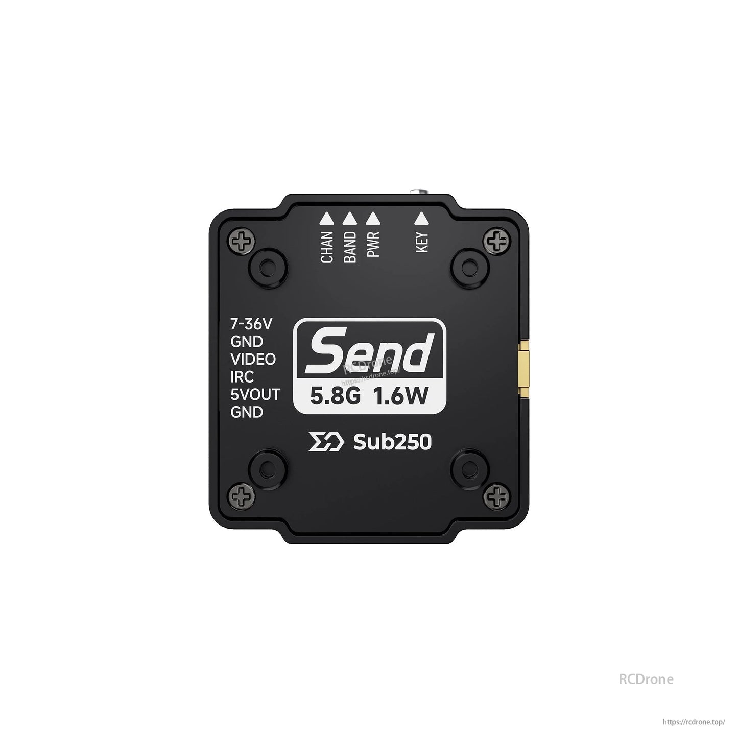 Bottom label view showing Send 5.8G 1.6W markings, LED indicators, and wiring pin labels