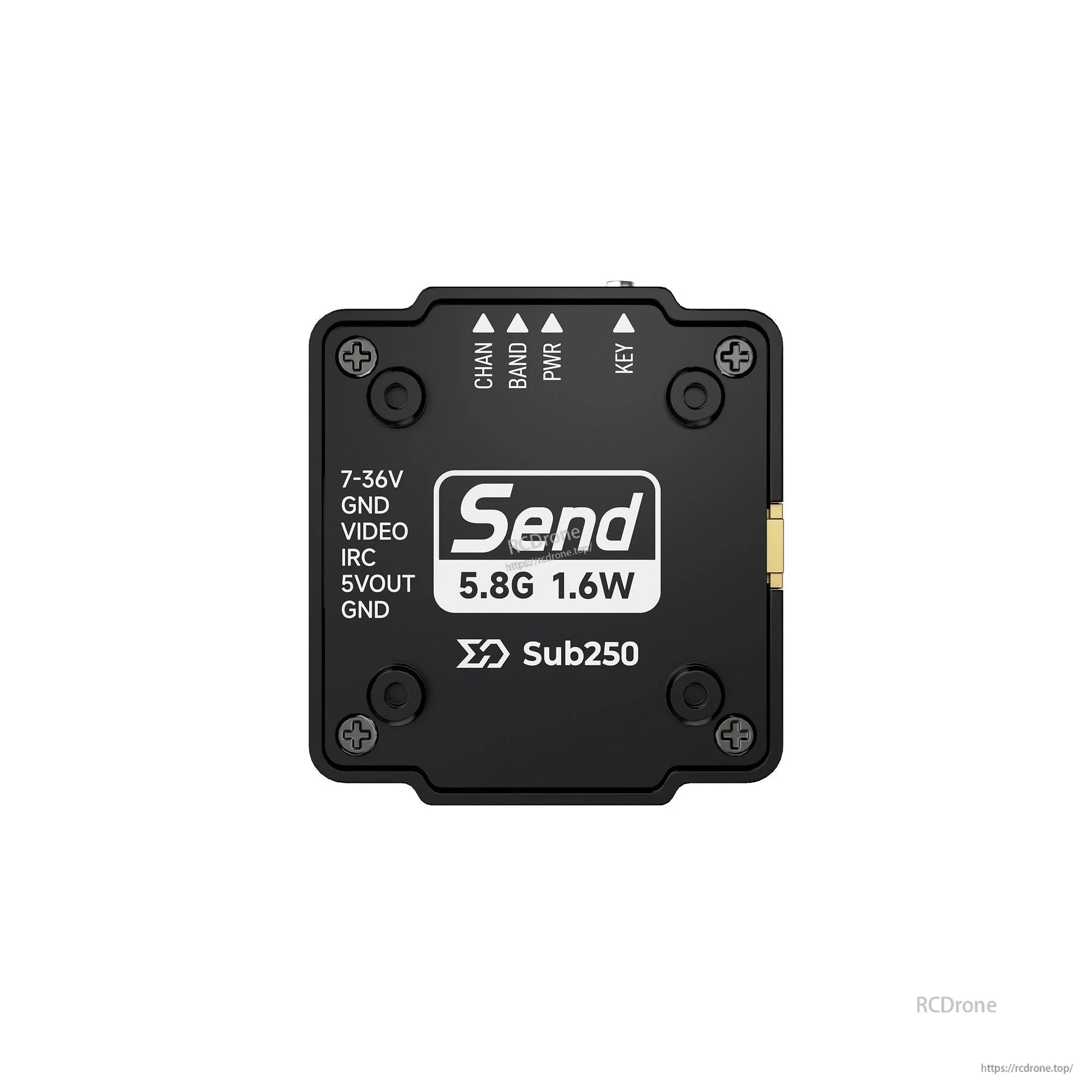 Bottom label view showing Send 5.8G 1.6W markings, LED indicators, and wiring pin labels