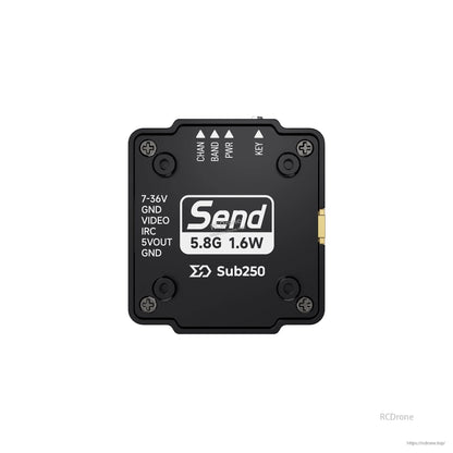 Bottom label view showing Send 5.8G 1.6W markings, LED indicators, and wiring pin labels