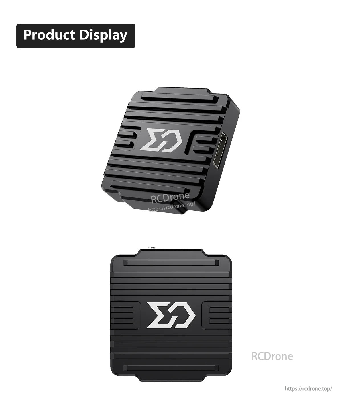 top and front views highlighting the ribbed aluminum shell and compact layout