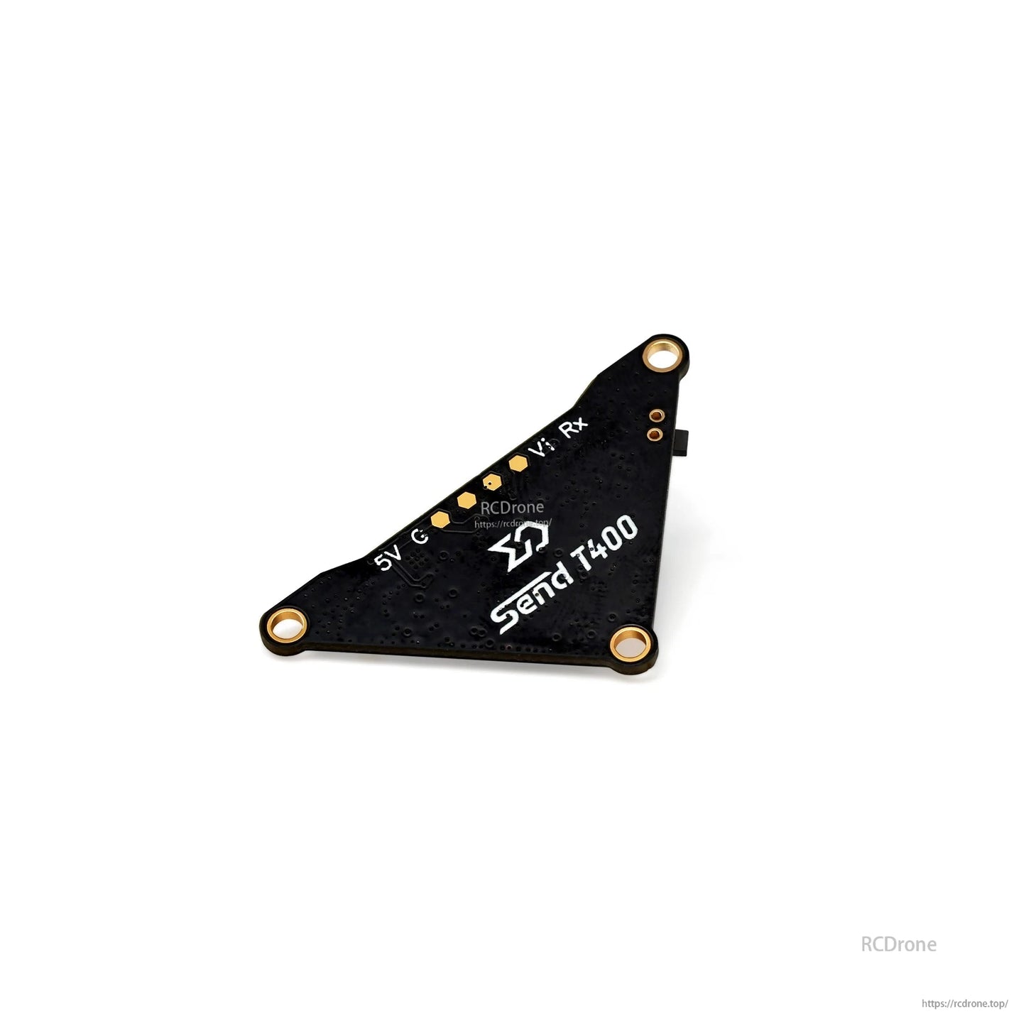 Angled rear view showing Send T400 branding and solder pad row labeled 5V, G and RX