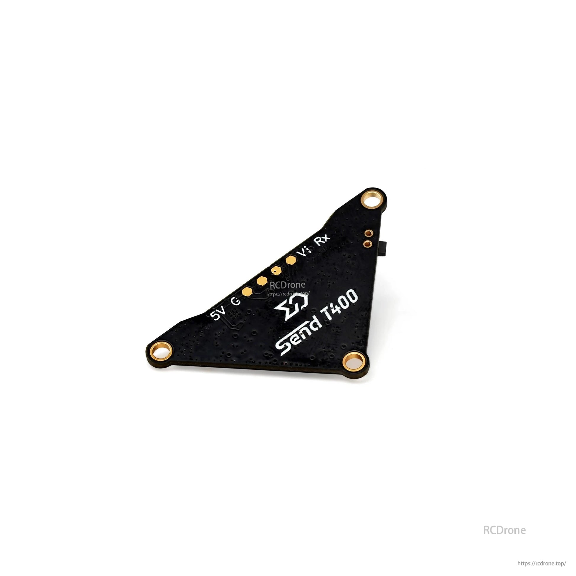 Angled rear view showing Send T400 branding and solder pad row labeled 5V, G and RX
