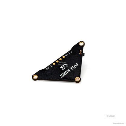 Angled rear view showing Send T400 branding and solder pad row labeled 5V, G and RX