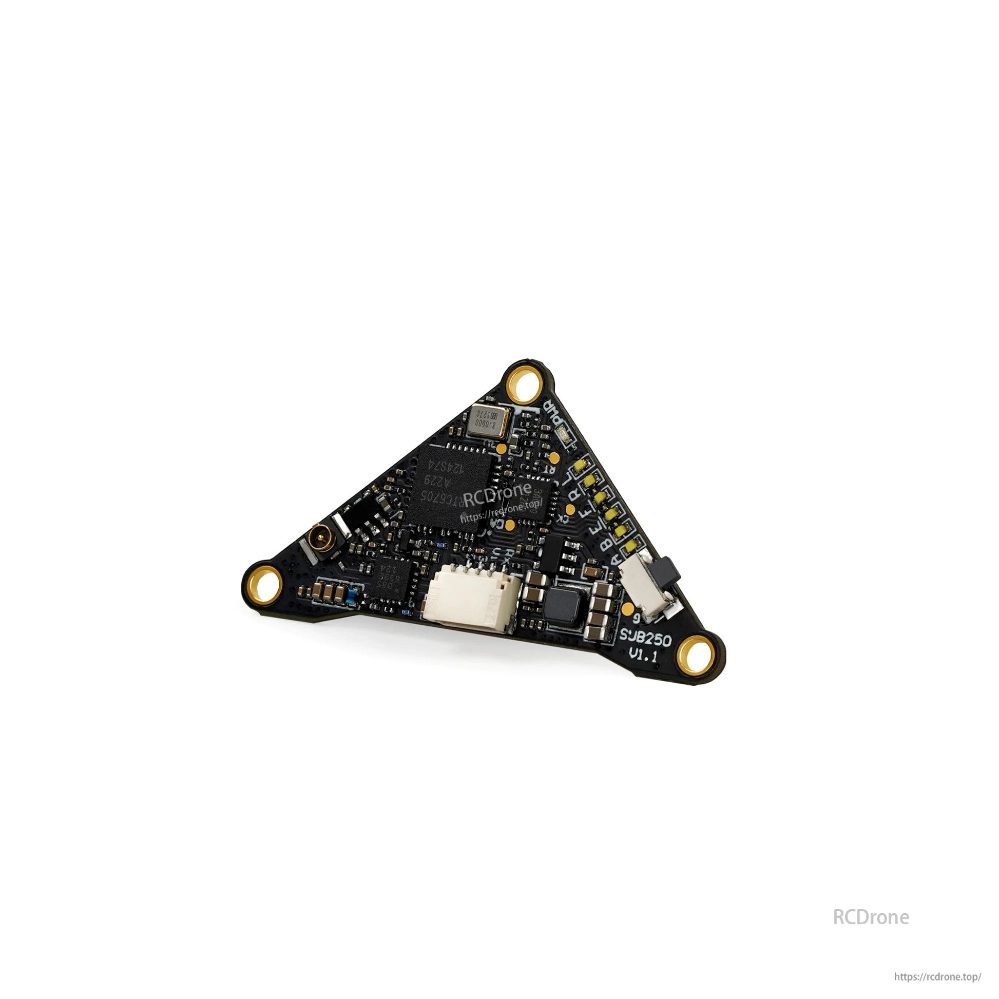 Angled view of triangular FPV VTX board highlighting component layout and edge connectors