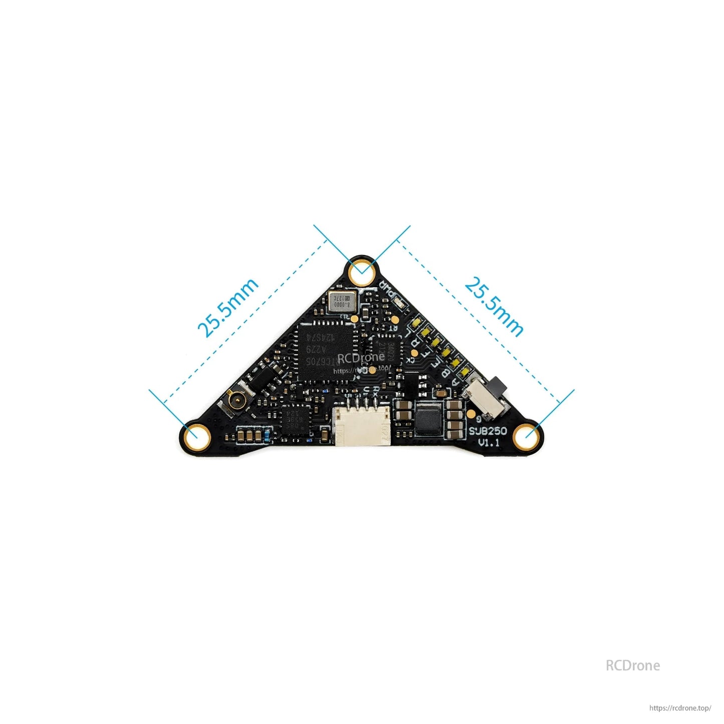 Mounting hole spacing diagram for triangular VTX board showing 25.5mm distance between holes