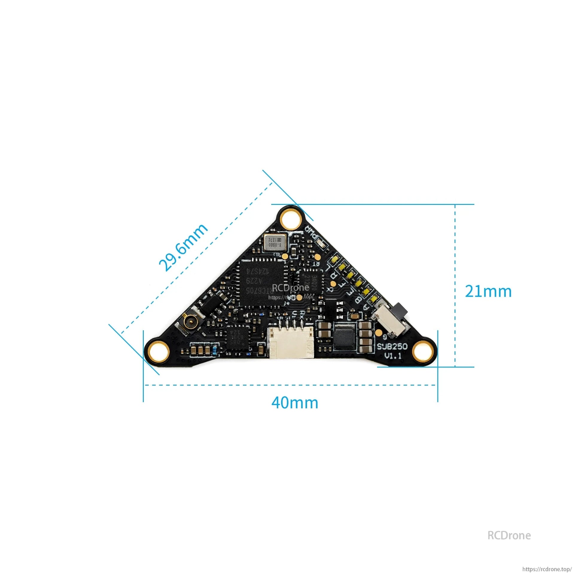 Sub250 Send T400 FPV VTX size diagram showing 40mm width, 21mm height and 29.6mm side