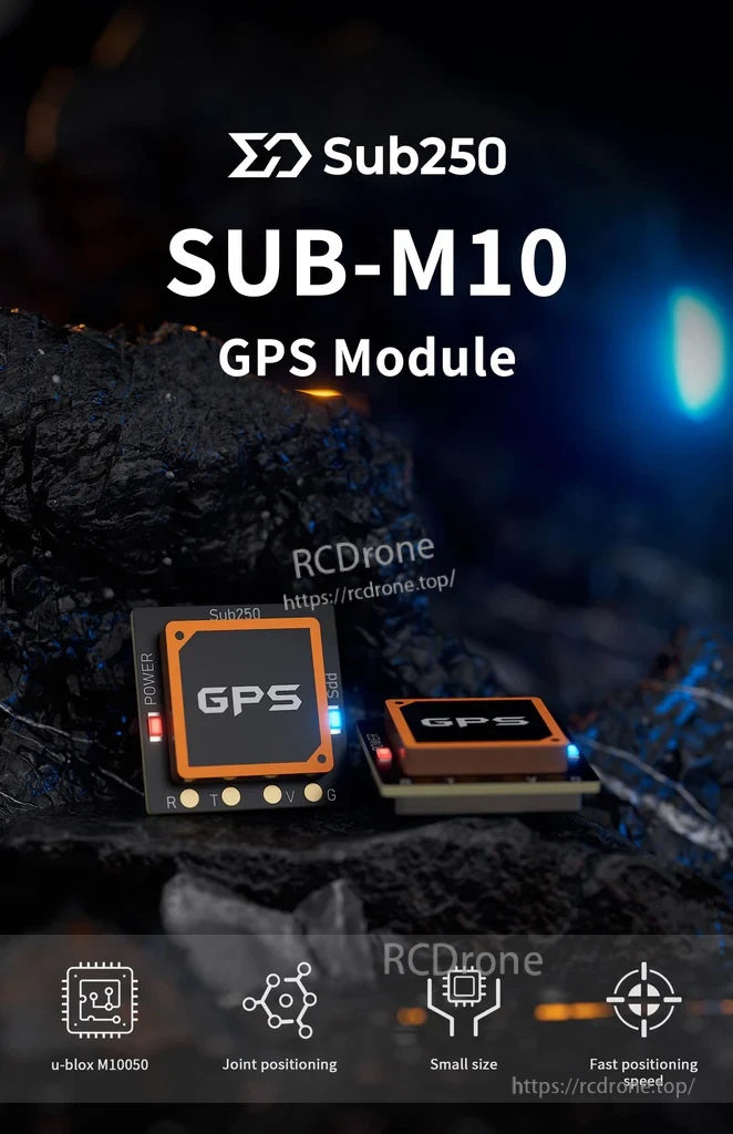 Sub250 SUB-M10 GPS module product hero with compact board and status LEDs on the housing