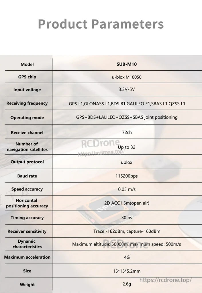 SUB-M10 GPS product parameters table listing voltage range, frequencies, channels, sensitivity, size and weight