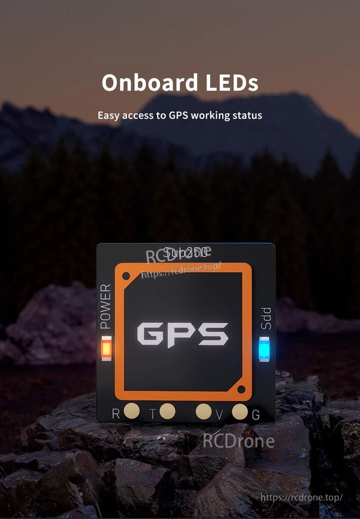 Close-up of onboard LED indicators on the GPS module for power and satellite status feedback