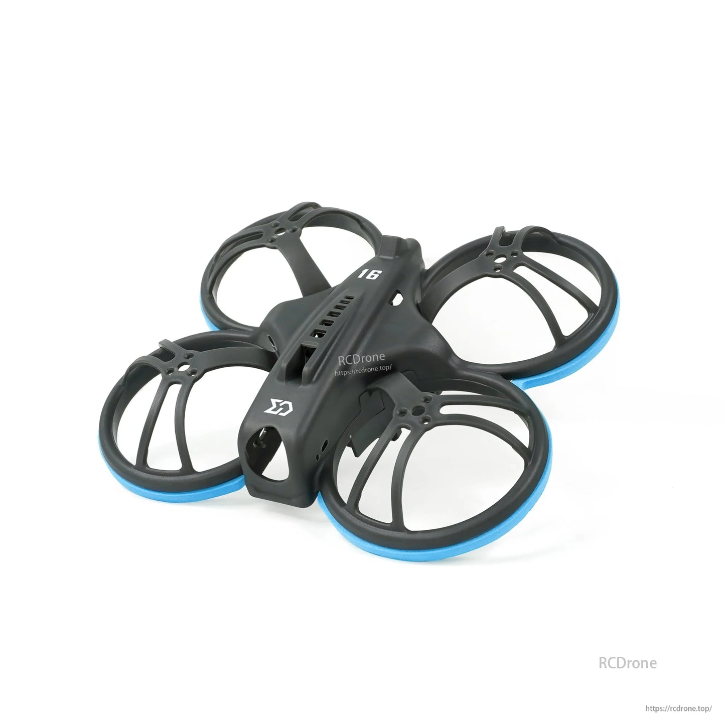Whoopfly16 micro whoop frame, angled top view with blue bumper rings on prop guards
