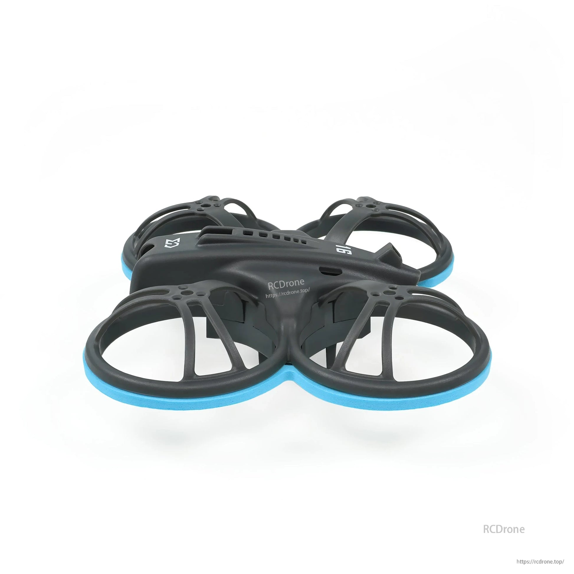 Low side profile of whoop frame with blue bumper rings, showing frame height and ducts