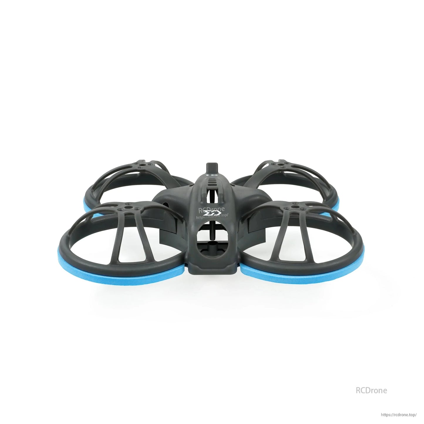 Front view of whoop frame with blue bumper rings and center canopy opening